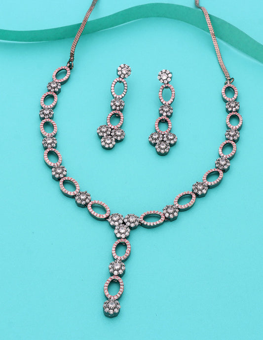 Designer Floral BlackRose Polish Zirconia Necklace Set