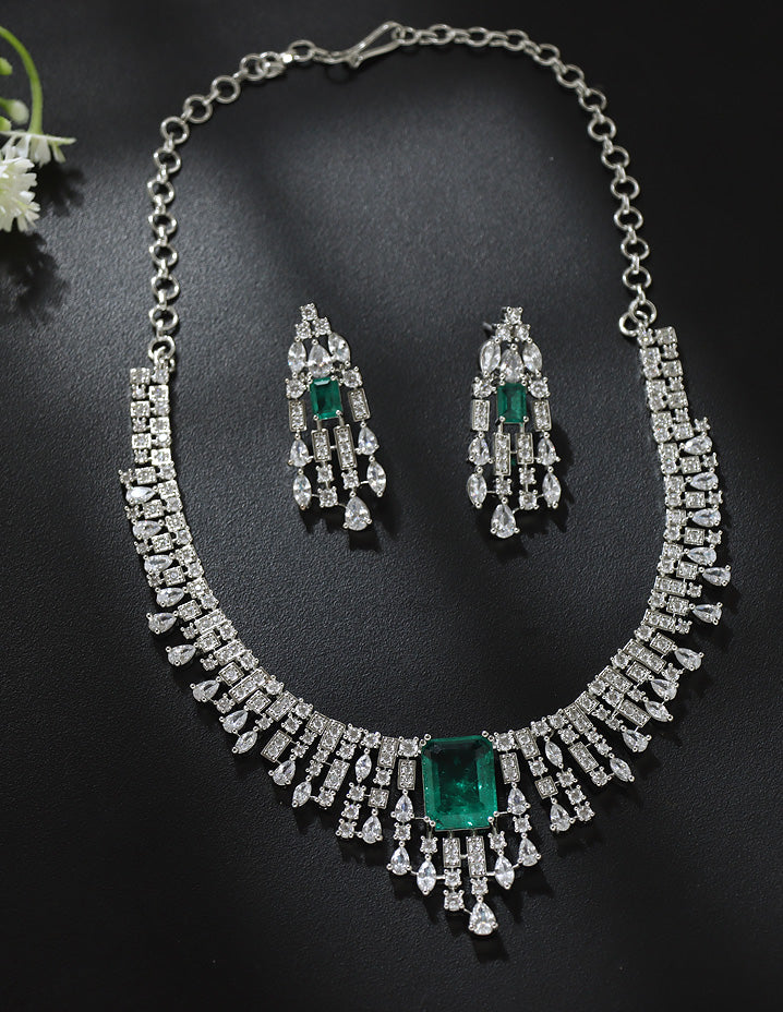 Designer Rhodhium Polish Zirconia Emerald Necklace Set