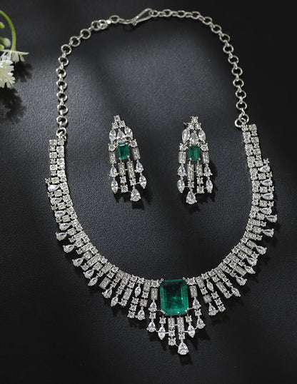 Designer Rhodhium Polish Zirconia Emerald Necklace Set