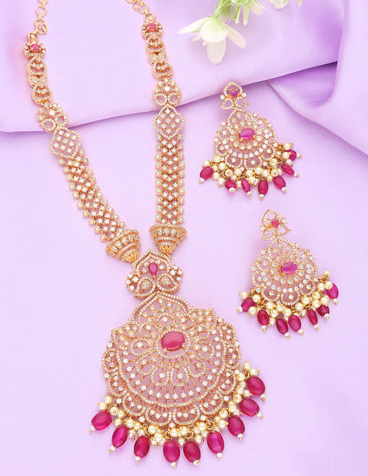 Designer Gold Polish Zirconia Rani Pink Necklace Set