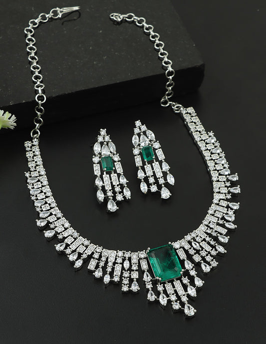 Designer Rhodhium Polish Zirconia Emerald Necklace Set