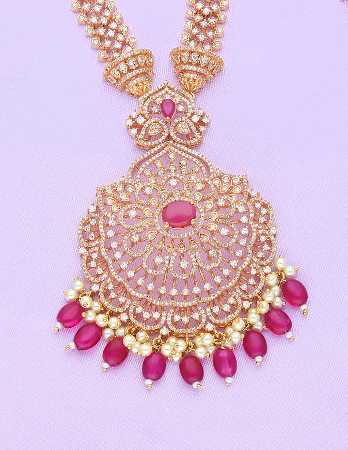 Designer Gold Polish Zirconia Rani Pink Necklace Set