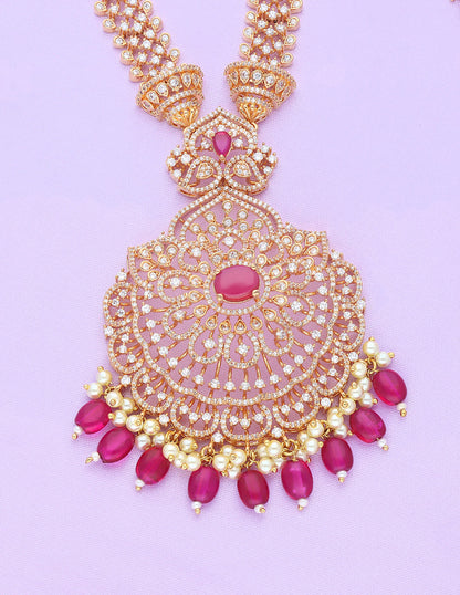 Designer Gold Polish Zirconia Rani Pink Necklace Set