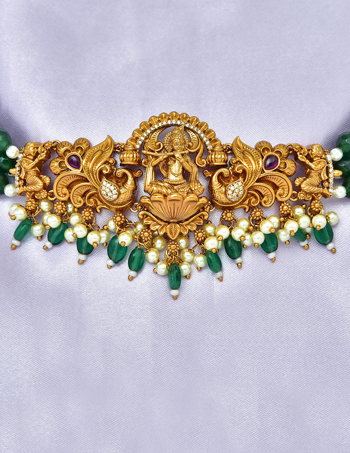 Designer Lakshmi Devi Green Beads Choker Set