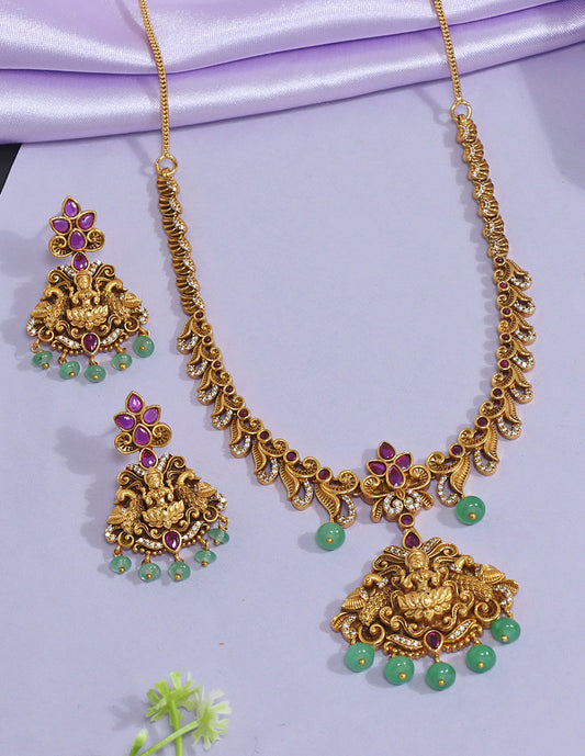 Designer Matt Lakshmi Devi Necklace Set with Mint Green Beads