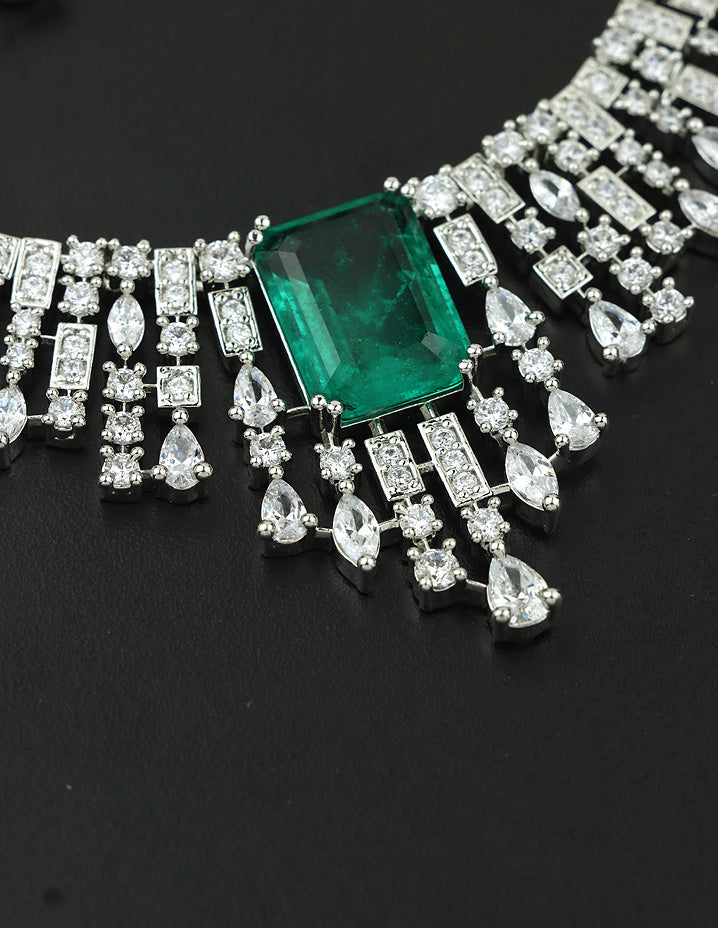 Designer Rhodhium Polish Zirconia Emerald Necklace Set