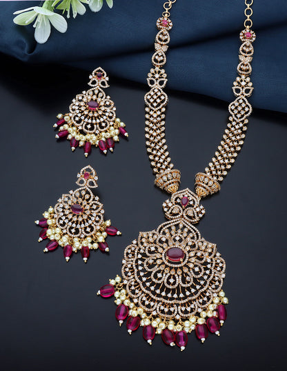 Designer Gold Polish Zirconia Rani Pink Necklace Set