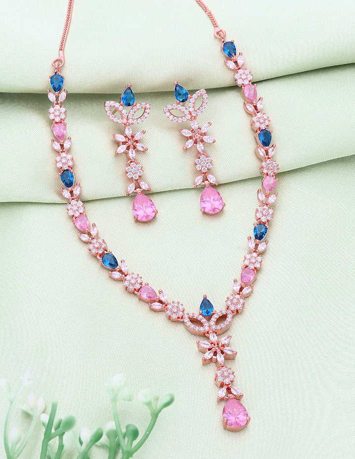 Designer Rose Plated Zirconia Necklace Set