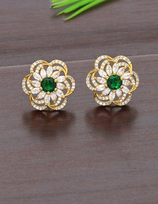 Designer Zirconia Gold Emerald Stud Earrings