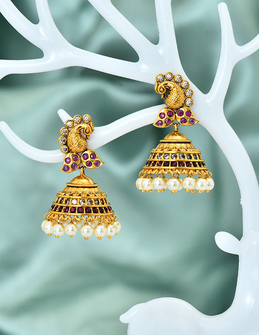 Designer Zirconia Kempu Peacock Jhumka Earrings