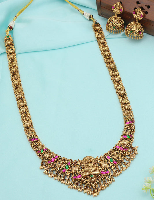 Designer Matt Rani Pink & Emerald Lakshmi Devi Long Haaram Set