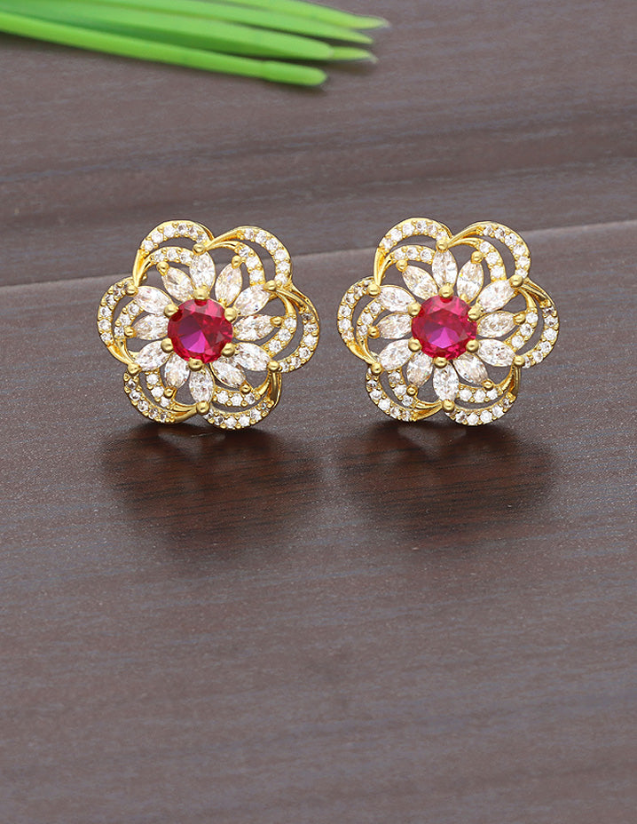 Designer Zirconia Ruby Gold Stud Earrings