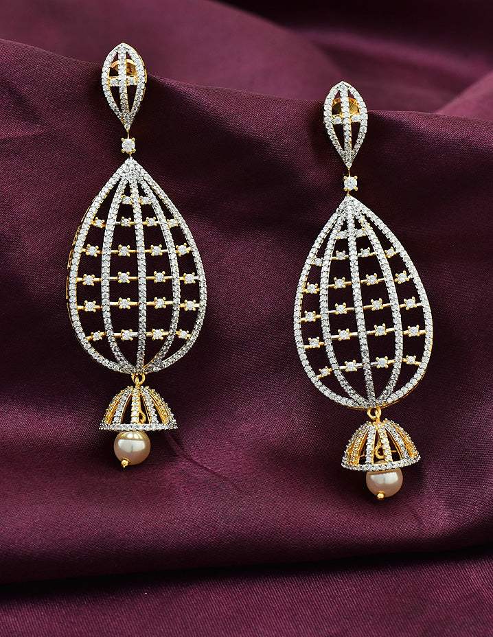 Designer Zirconia Gold and Black Rose Polish Dangler Earrings