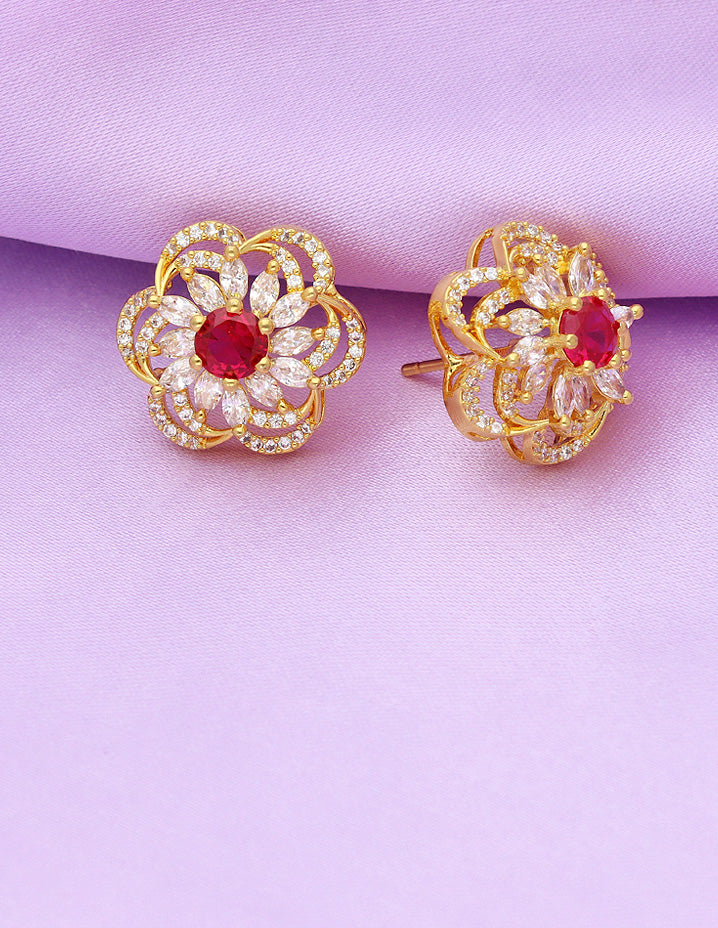 Designer Zirconia Ruby Gold Stud Earrings