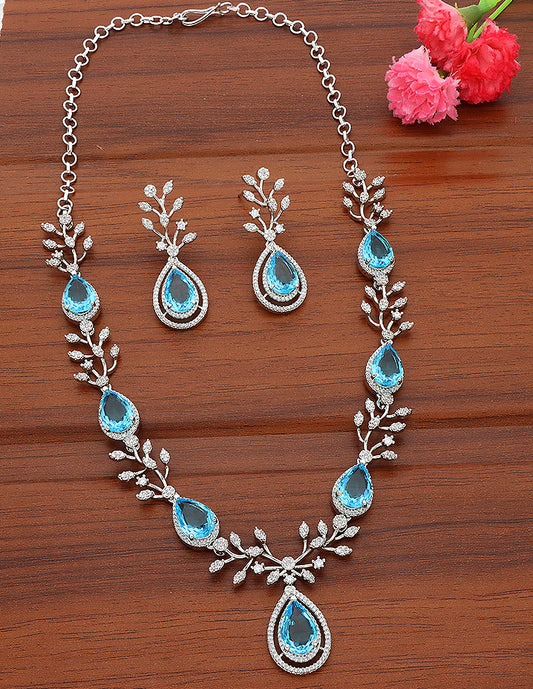 Designer Rhodhium Zirconia Sky Blue Necklace Set