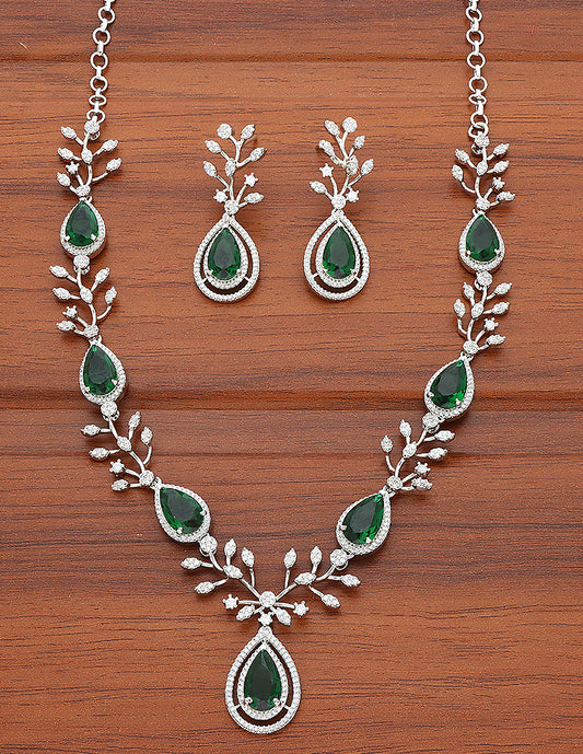 Designer Rhodhium Zirconia Green Necklace Set