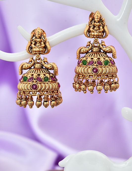 Designer Kempu Ruby and Emerald Jhumka Earrings