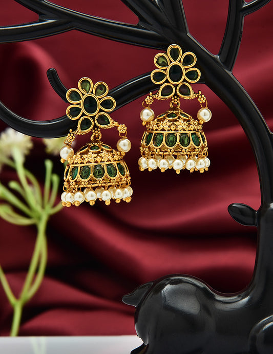 Designer Kempu Floral Emerald Jhumka Earrings