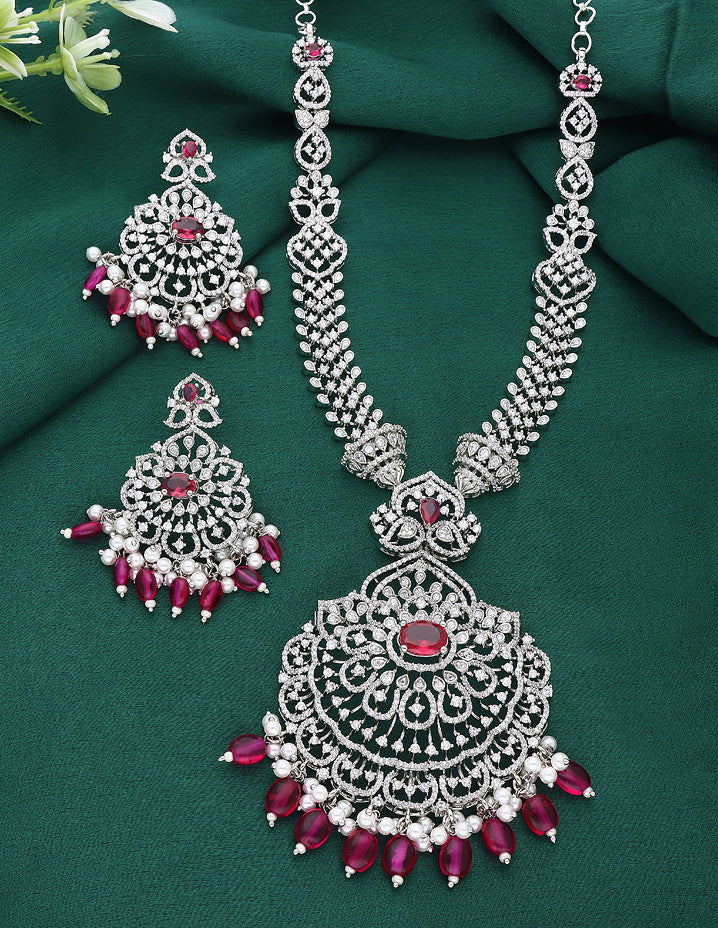 Designer Rhodhium Polish Zirconia Rani Pink Necklace Set