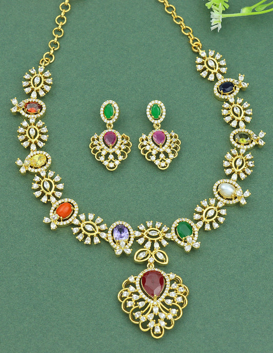 Designer Gold Navaratna Necklace Set