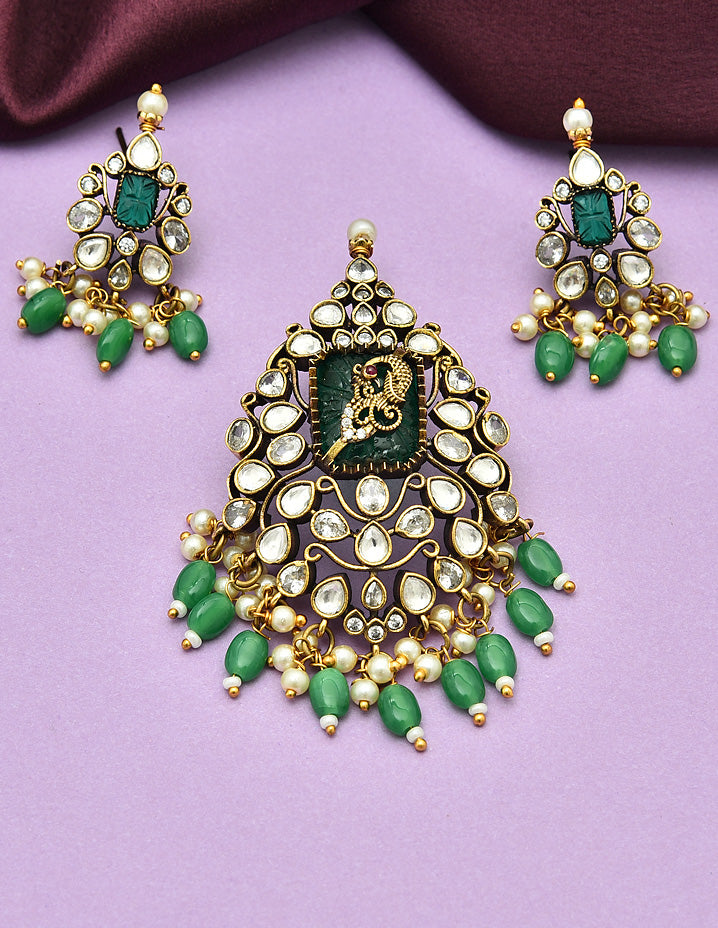 Designer Victorian Kundan Pendant Set with Green Stone