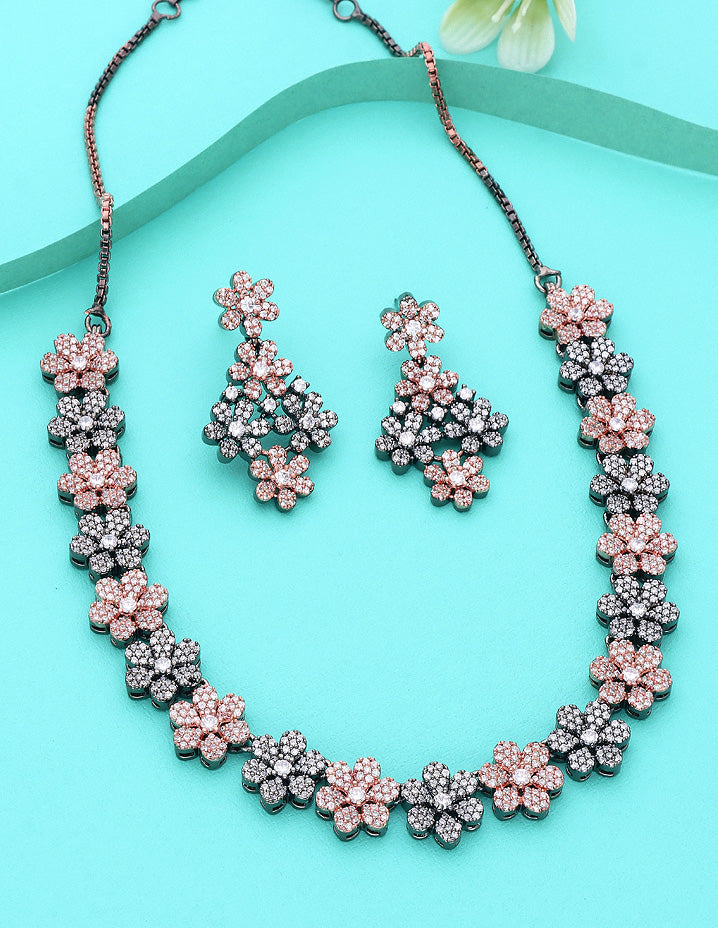 Designer Floral BlackRose Polish Zirconia Necklace Set