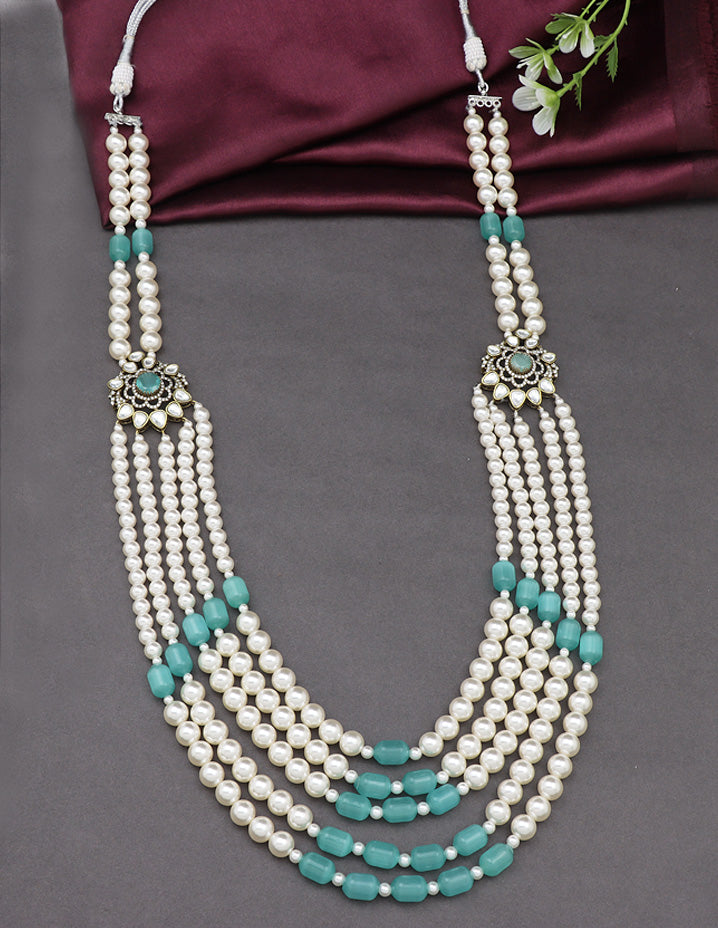 5-Line Designer Mint Green Pearl Beads Mala