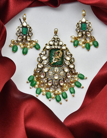 Designer Victorian Kundan Pendant Set with Green Stone