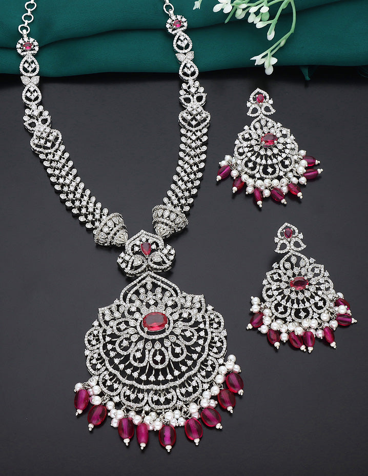 Designer Rhodhium Polish Zirconia Rani Pink Necklace Set