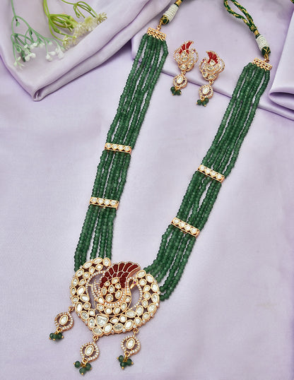 5-Line Green Beads Mala with Peacock Pendant