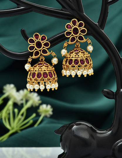 Designer Kempu Floral Ruby Jhumka Earrings