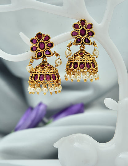 Designer Kempu Floral Ruby Jhumka Earrings