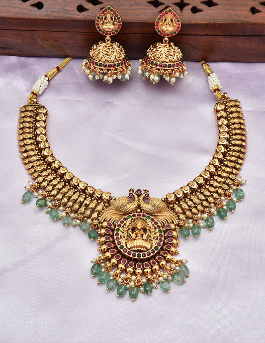 Designer Matt Lakshmi Devi Ruby Emerald Necklace Set With Monalisa Beads