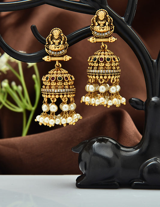 Designer Lakshmi Devi Kempu Ruby and Emerald Jhumka Earrings