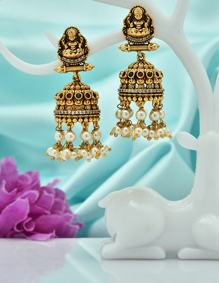 Designer Lakshmi Devi Kempu Ruby and Emerald Jhumka Earrings