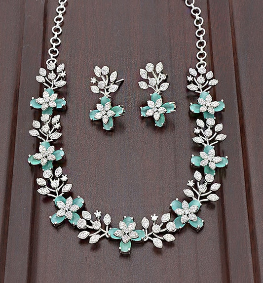 Designer Rhodhium Zirconia Floral Mint Green Necklace Set