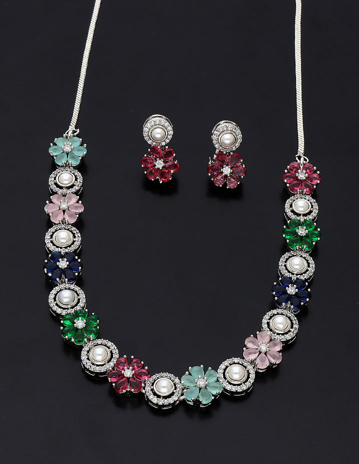 Designer Floral Rhodhium Polish Zirconia Necklace Set