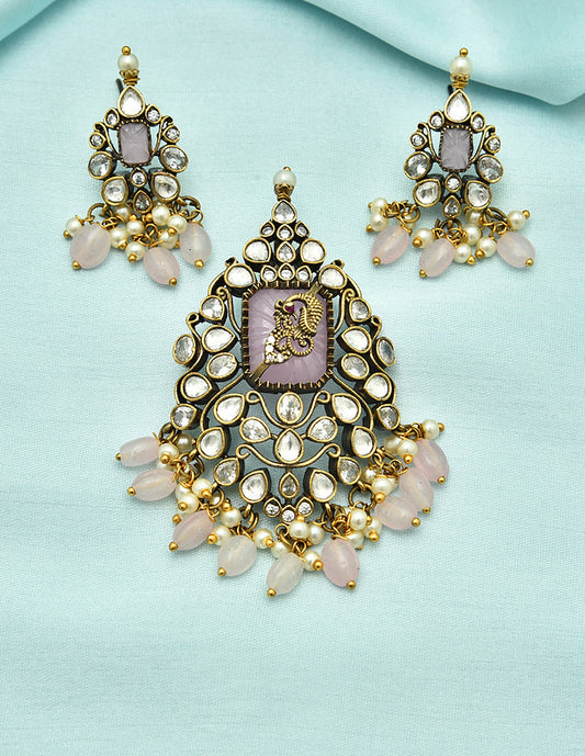 Designer Victorian Kundan Pendant Set with Baby Pink Stone