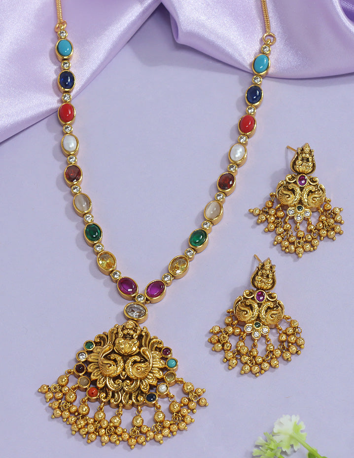 Designer Matt Plated Navaratna Necklace Set