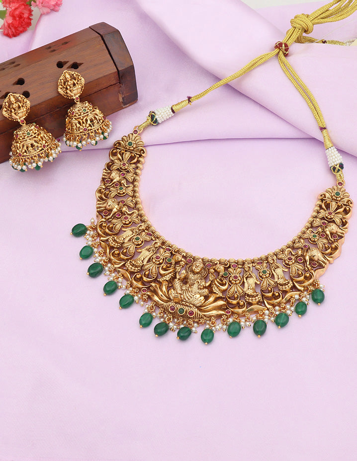 Designer Matt Lakshmi Devi Kempu Necklace Set With Green Beads