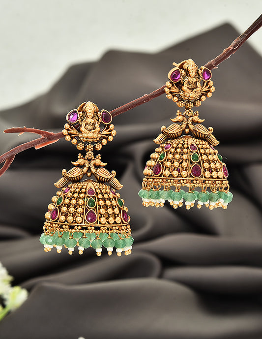 Designer Kempu Jhumka Earrings With Mint Green Beads