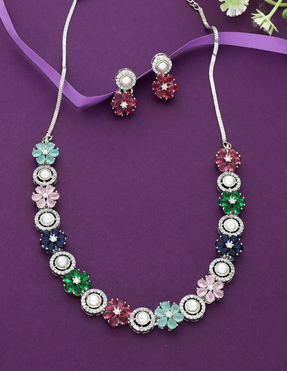 Designer Floral Rhodhium Polish Zirconia Necklace Set