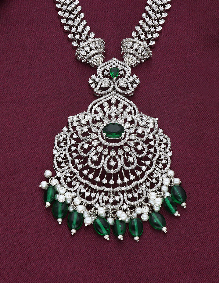 Designer Rhodhium Polish Zirconia Emerald Necklace Set