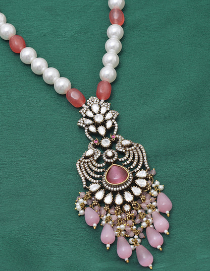 Designer Monalisa Baby Pink Beads Mala with Victorian Pendant