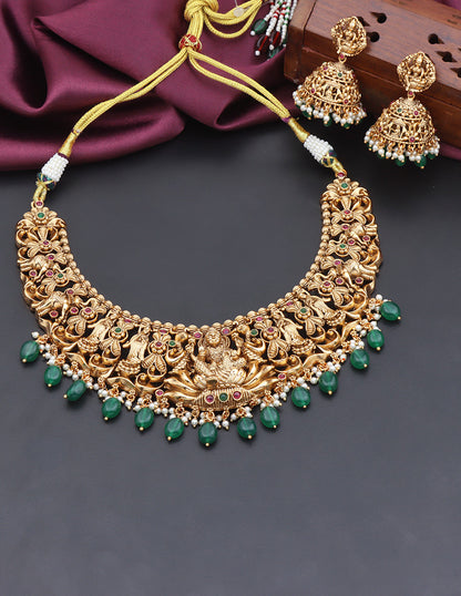 Designer Matt Lakshmi Devi Kempu Necklace Set With Green Beads