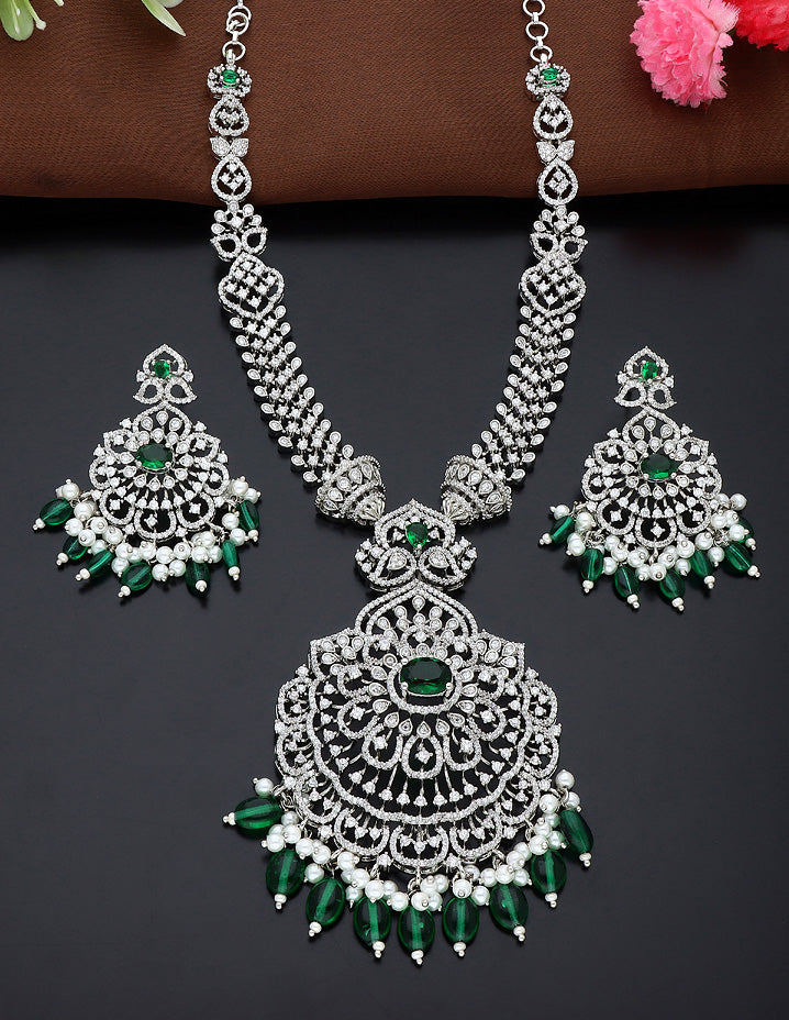 Designer Rhodhium Polish Zirconia Emerald Necklace Set