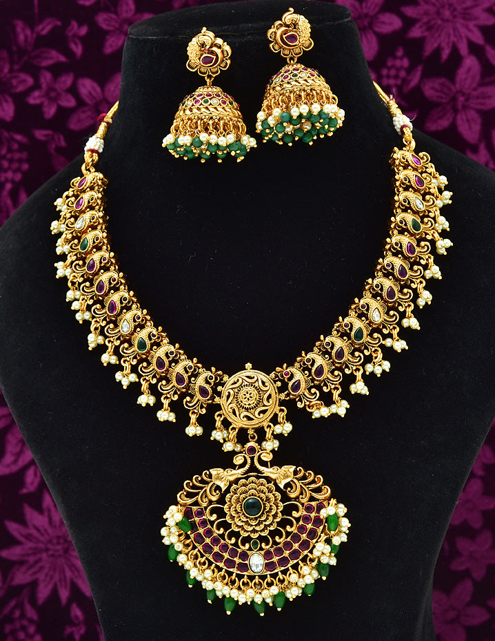 Designer Peacock Kempu Matt Necklace Set With Pearls