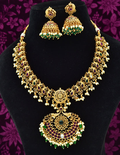 Designer Peacock Kempu Matt Necklace Set With Pearls