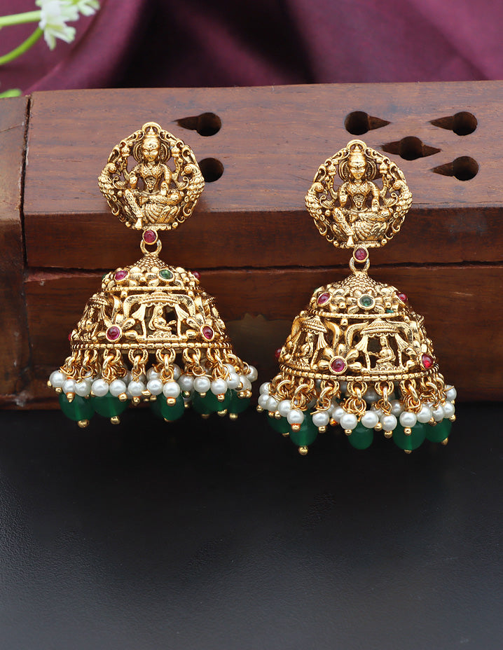 Designer Matt Lakshmi Devi Kempu Necklace Set With Green Beads