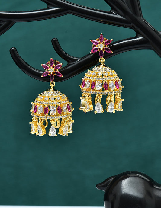 Designer Zirconia Ruby and White Jhumka Earrings